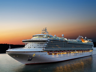 Luxury cruise ship sailing to port on sunrise  - obrazy, fototapety, plakaty