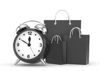 alarm clock and shopping bag (time to buy concept). 3d rendering.