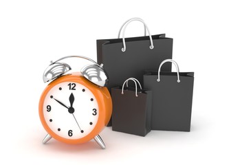 alarm clock and shopping bag (time to buy concept). 3d rendering.