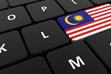 Computer keyboard, close-up button of the flag of Malaysia. 3D render of a laptop keyboard