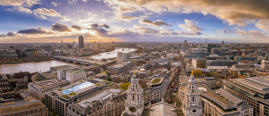 London, England - Panoramic Skyline view of central London taken from St.Paul's Cathedral at sunset
