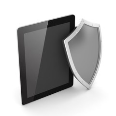 Tablet PC and shield on white device security concept. 3d rendering.