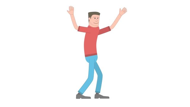 Rigged character animation sequence. A regular looking man in casual closes with a happy smile on his face is celebrating with funny dancing. Loopable video 3840x2160 UHD isolated on white background.