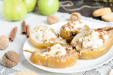 baked pear stuffed with ricotta, honey, cinnamon and nuts