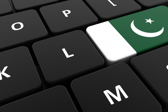 Computer keyboard, close-up button of the flag of Pakistan. 3D render of a laptop keyboard