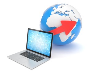 Laptop network and earth globe. 3d render