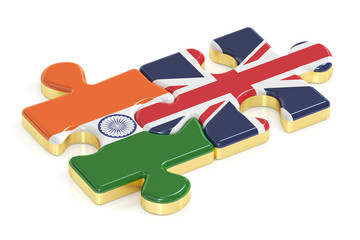 India and UK puzzles from flags, 3D rendering