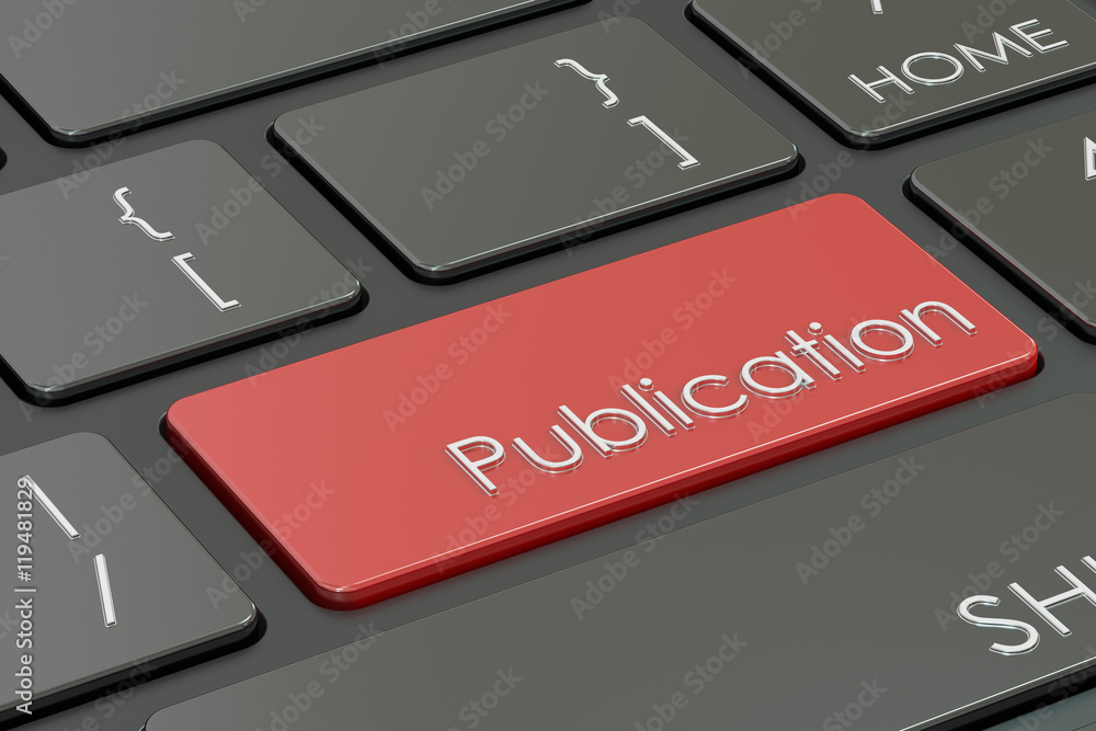Poster publication button, red key on keyboard. 3d rendering