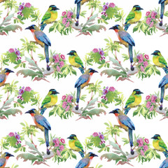 Obraz premium Watercolor hand drawn seamless pattern with tropical summer flowers and exotic birds
