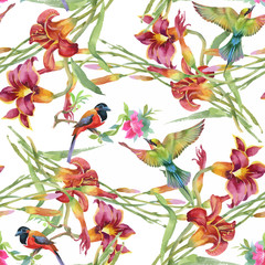 Watercolor hand drawn seamless pattern with tropical summer flowers and exotic birds - 119482221