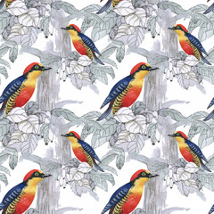 Obraz premium Watercolor hand drawn seamless pattern with tropical summer flowers and exotic birds