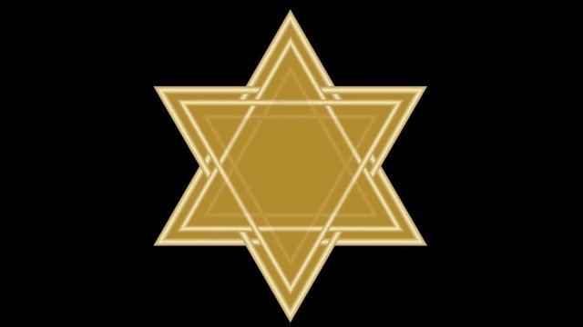 Animation for jewish New Year - Rosh hashanah. Golden David star on dark background, luxurious vintage gold ornament, turn on lights, hebrew inscription Shana tova