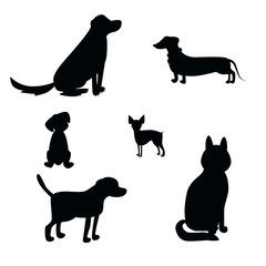 Vector dog breeds silhouettes collection isolated on white.  icons  for cynology, pet clinic and  shop.