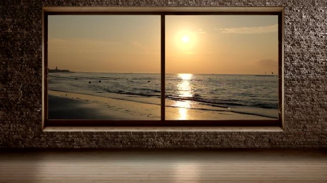 Finestra sulla spiaggia all'alba