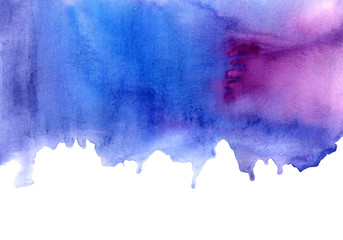 Blue and pink watery illustration.Abstract watercolor hand drawn image.Azure splash.White background.