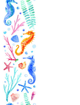 Seahorse, shell, starfish, coral and bubbles seamless border.Underwater world image on a white background.Watercolor hand drawn illustration.