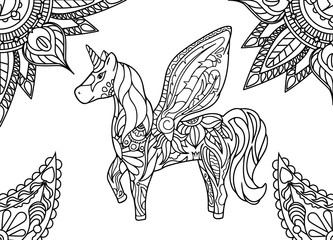Unicorn with mandala and paisley ornament. Horizontal adult coloring page