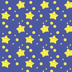 Seamless texture yellow smiling cartoons stars on blue, vector illustration