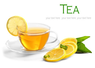 Glass cup of tea with lemon slices on white background. Space for text.