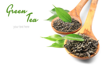 Wooden spoons with dried tea and green leaves on white background. Space for text.