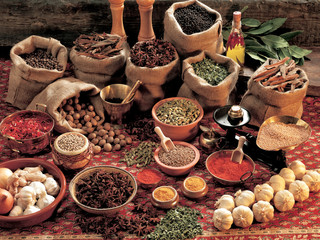 A spread of exotic herbs and spices