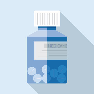 Jar with medicine. Medical bottle in flat style, pill bottle on color background. Vector design element