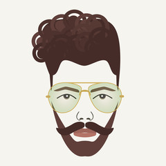 Young dark brown hair hipster male with mustache, beard, and green lenses glasses