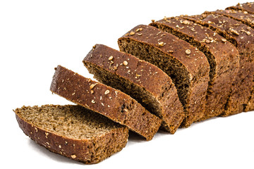 Sliced of bread made of dark flour, isolated on white background