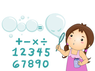 Kid Girl Blow Bubbles Solve Equation