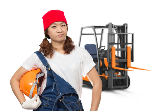 asian beautiful confident female craftsman with forklift truck, isolated on white - Powered by Adobe