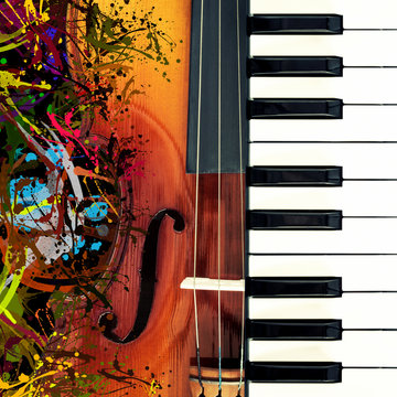 piano & classical violin, funny colorful splashing art for music background