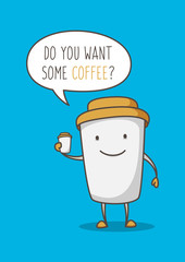 Coffee cup cartoon character vector illustration on blue background.
