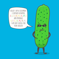 Cucumber cartoon character vector character. Organic vegetable with text about vitamins and minerals graphic design. Healthy natural food for your health creative concept.
