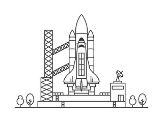 Space shuttle vector illustration. Spaceship on space-vehicle launching site (space centre, cosmodrome, spacedrome). Spacecraft crative line art concept. Rocket ready to start outline design.