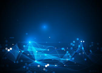 Illustration Abstract Molecules and Mesh lines, Circles, Polygon shapes. Vector design communication technology on blue background. Futuristic- digital technology concept