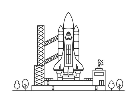 Space shuttle vector illustration. Spaceship on space-vehicle launching site (space centre, cosmodrome, spacedrome). Spacecraft crative line art concept. Rocket ready to start outline design.