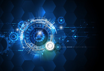 Vector illustration gear wheel, hexagons and circuit board, Hi-tech digital technology and engineering, digital telecoms technology concept. Abstract futuristic on dark blue color background