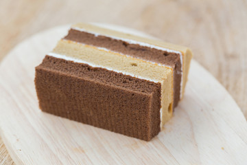 chocolate chiffon cake on wooden