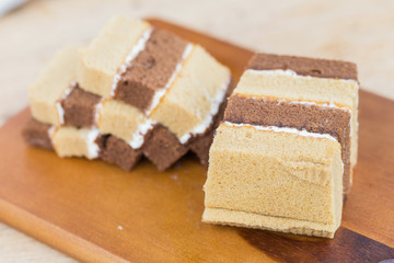 chocolate chiffon cake on wooden