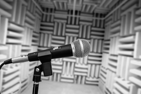 microphone in vocal booth, recording studio