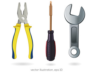 Screwdriver with interchangeable nozzles, wrench & pliers on a white background. Realistically painted tools. Vector illustration