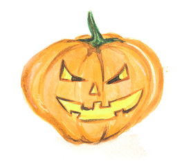 Watercolor scary pumpkin. Spooky face for Halloween. October festival.