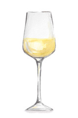 Watercolor white wine glass. Beautiful and elegant glass with alcoholic beverage. Art for menu decoration.