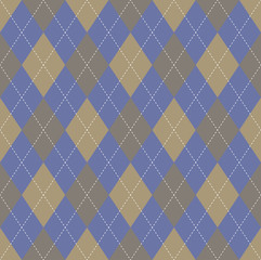 Seamless argyle pattern in tan brown, taupe brown & desaturated dark blue with white stitch.