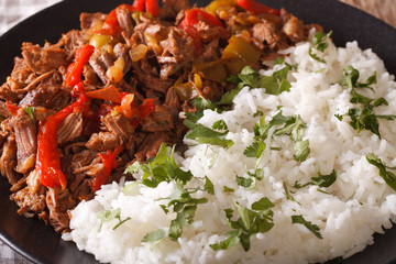 Cuban cuisine: ropa vieja meat with rice garnish macro. horizontal
