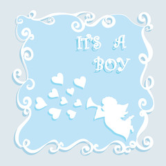 Baby shower it’s a boy greeting card with angel playing pipe and hearts