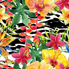 Poster Tropische aquarel bloemen en bladeren op dierenprint © Tanya Syrytsyna