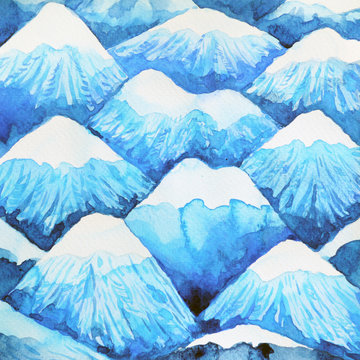 watercolor painting mountain pattern illustration design blue