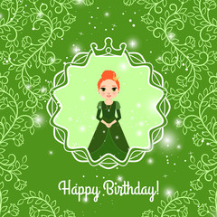 Happy Birthday green greeting card with fairy princess and leaf ornament. Vector illustration