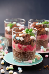 Layered chocolate, berry and chia seeds mousse dessert on black background